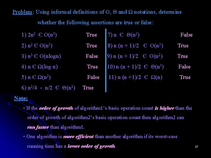 Problem: Using informal definitions of O, Θ and Ω notations, determine whether the following