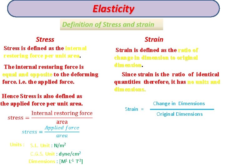 Elasticity Definition of Stress and strain Stress is defined as the internal restoring force