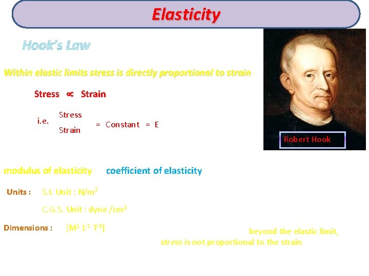 Elasticity Hook’s Law Within elastic limits stress is directly proportional to strain . .