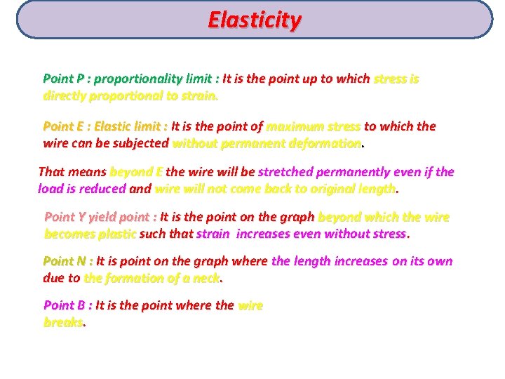 Elasticity Point P : proportionality limit : It is the point up to which