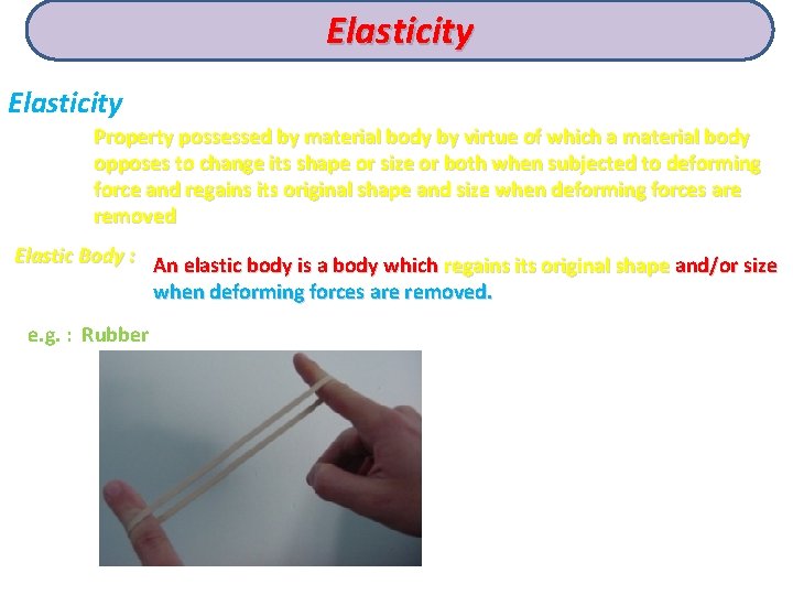 Elasticity Property possessed by material body by virtue of which a material body opposes