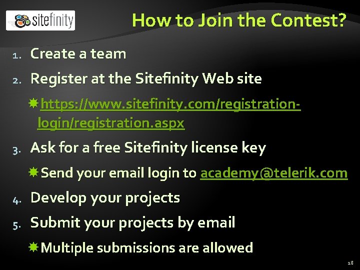 How to Join the Contest? 1. Create a team 2. Register at the Sitefinity