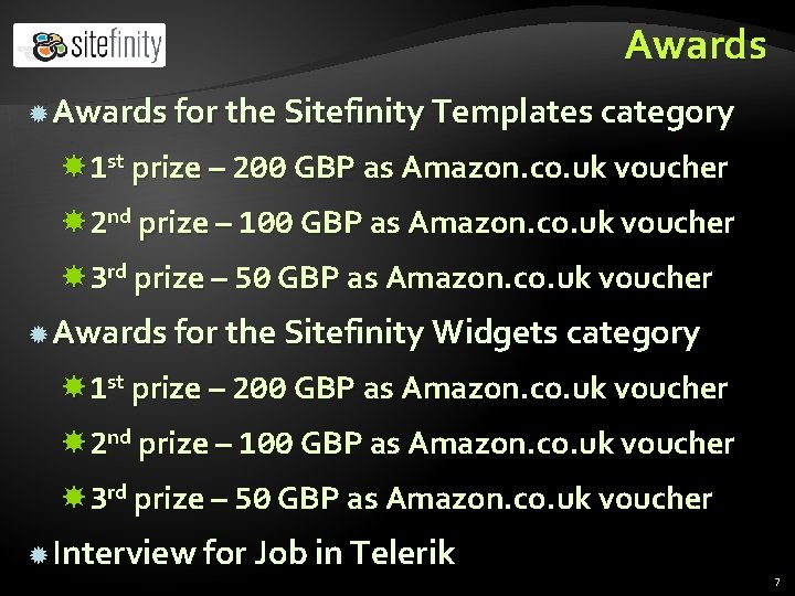 Awards for the Sitefinity Templates category 1 st prize – 200 GBP as Amazon.