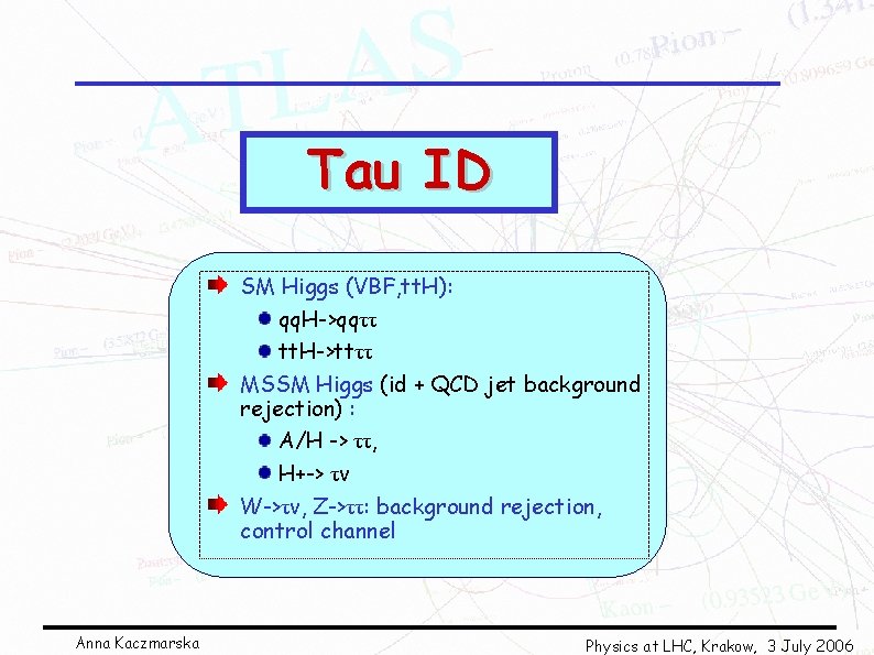 Tau ID SM Higgs (VBF, tt. H): qq. H->qqττ tt. H->ttττ MSSM Higgs (id