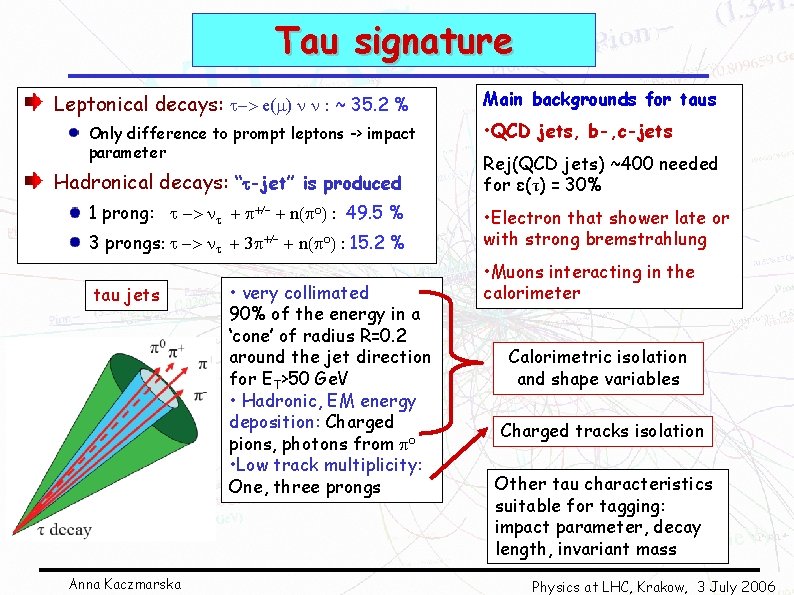 Tau signature Leptonical decays: t-> e( ) n n : ~ 35. 2 %