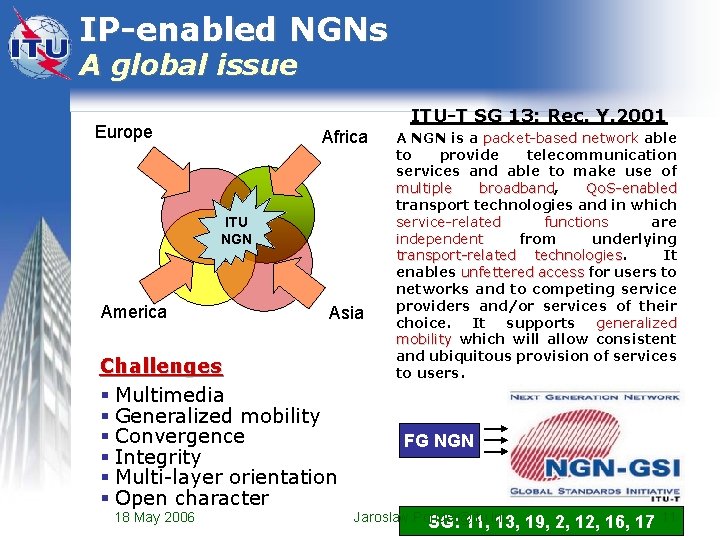 IP-enabled NGNs A global issue ITU-T SG 13: Rec. Y. 2001 Europe Africa ITU