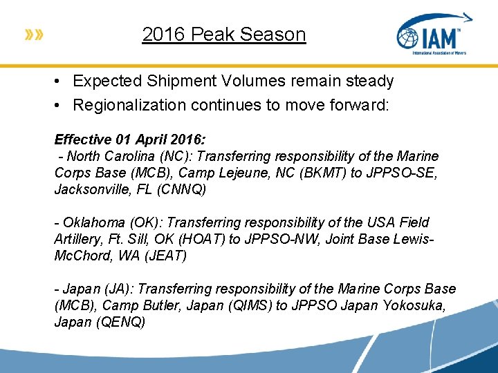 2016 Peak Season • Expected Shipment Volumes remain steady • Regionalization continues to move 2016 Peak Season • Expected Shipment Volumes remain steady • Regionalization continues to move