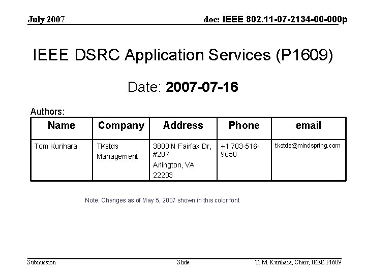 doc: IEEE 802. 11 -07 -2134 -00 -000 p July 2007 IEEE DSRC Application