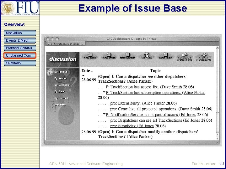 Example of Issue Base Overview: Motivation Events & Mech. Planned Commu. Unplanned Com. Summary