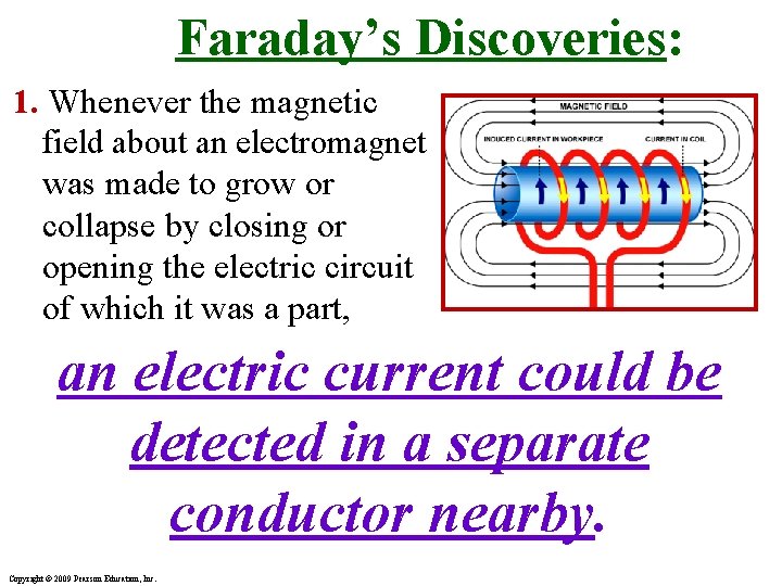 Faraday’s Discoveries: 1. Whenever the magnetic field about an electromagnet was made to grow