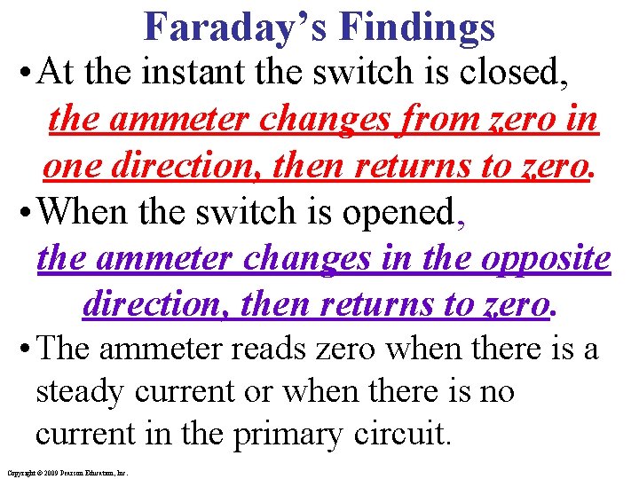 Faraday’s Findings • At the instant the switch is closed, the ammeter changes from