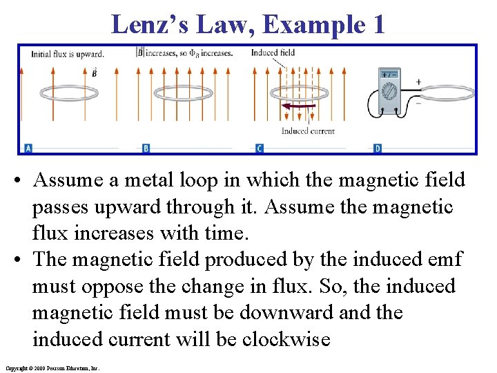 Lenz’s Law, Example 1 • Assume a metal loop in which the magnetic field