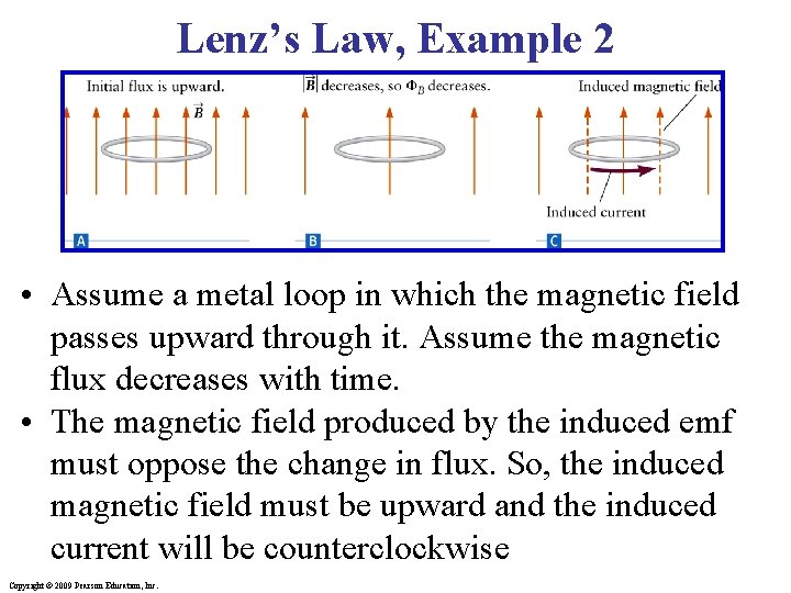 Lenz’s Law, Example 2 • Assume a metal loop in which the magnetic field