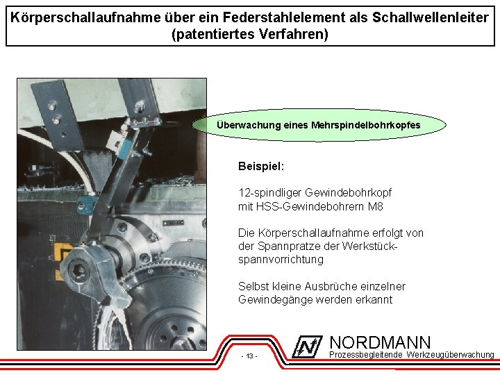 Körperschallaufnahme über ein Federstahlelement als Schallwellenleiter (patentiertes Verfahren) Überwachung eines Mehrspindelbohrkopfes Beispiel: 12 -spindliger