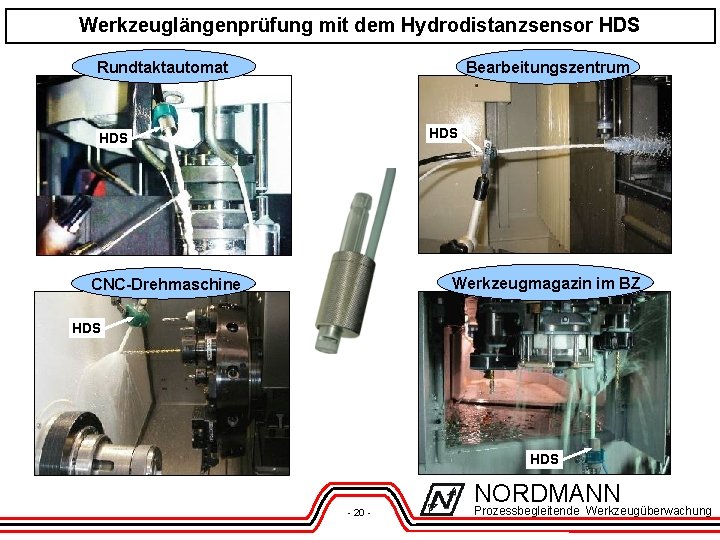 Werkzeuglängenprüfung mit dem Hydrodistanzsensor HDS Bearbeitungszentrum Rundtaktautomat HDS Werkzeugmagazin im BZ CNC-Drehmaschine HDS NORDMANN