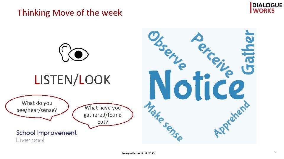 Thinking Move of the week LISTEN/LOOK What do you see/hear/sense? What have you gathered/found
