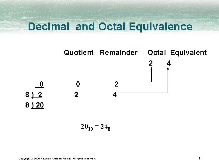 Decimal and Octal Equivalence Quotient Remainder 0 8) 2 8 ) 20 0 2