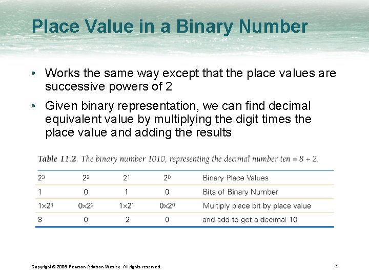 Place Value in a Binary Number • Works the same way except that the