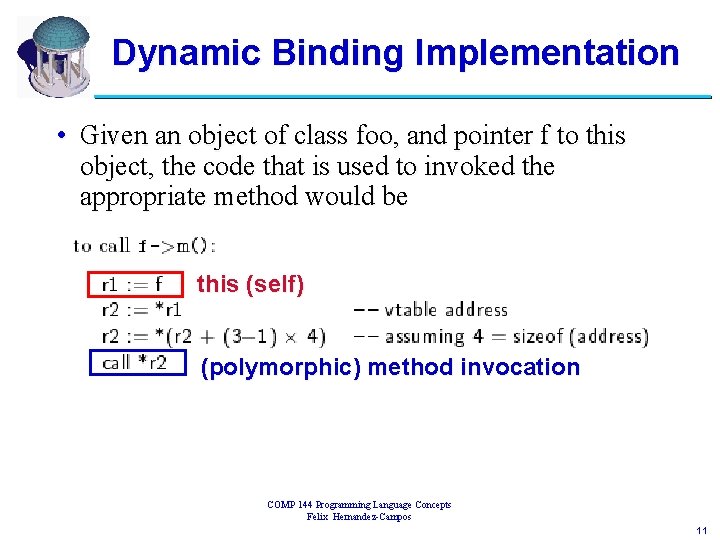 Dynamic Binding Implementation • Given an object of class foo, and pointer f to