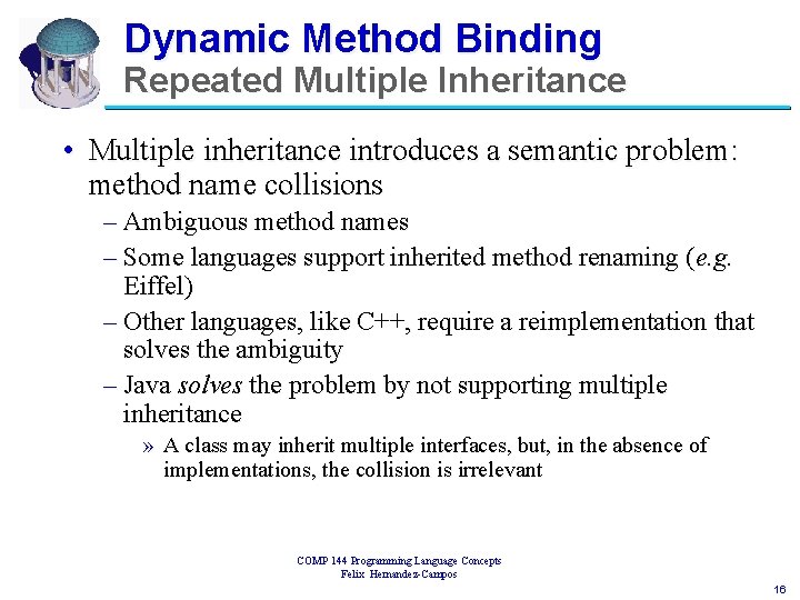 Dynamic Method Binding Repeated Multiple Inheritance • Multiple inheritance introduces a semantic problem: method