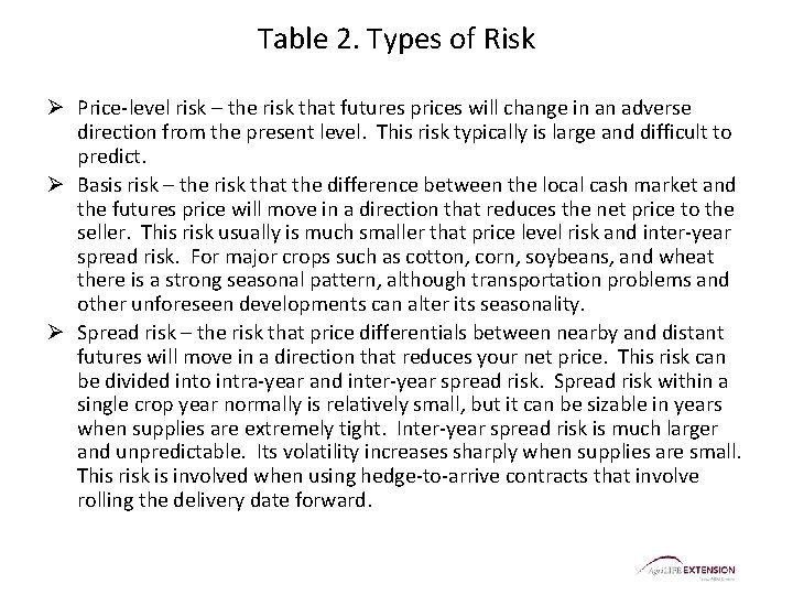 Table 2. Types of Risk Ø Price-level risk – the risk that futures prices