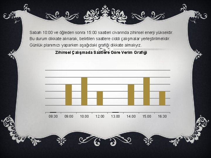 Sabah 10: 00 ve öğleden sonra 15: 00 saatleri civarında zihinsel enerji yüksektir. Bu