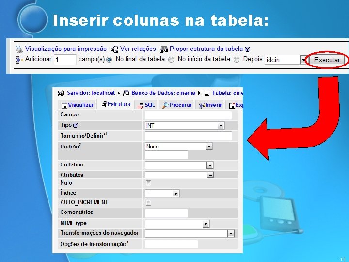 Inserir colunas na tabela: 15 