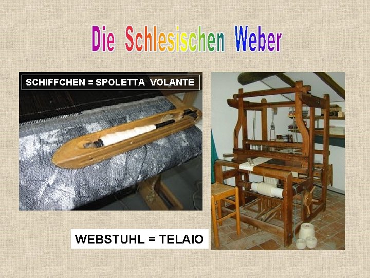 SCHIFFCHEN = SPOLETTA VOLANTE WEBSTUHL = TELAIO 