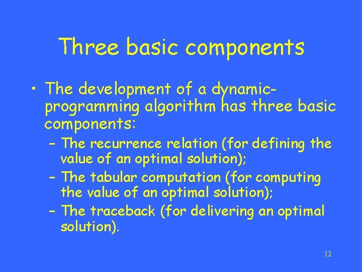 Three basic components • The development of a dynamicprogramming algorithm has three basic components: