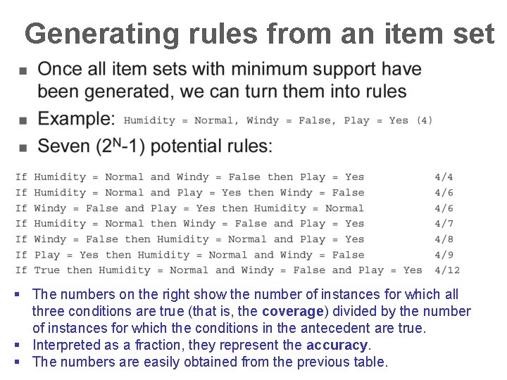 Generating rules from an item set § The numbers on the right show the