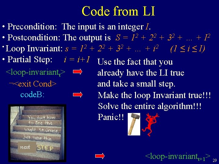 Code from LI • Precondition: The input is an integer I. • Postcondition: The