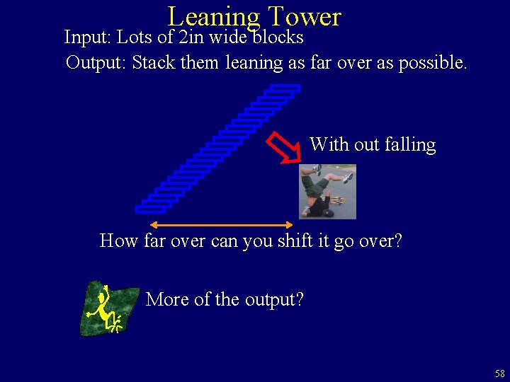 Leaning Tower Input: Lots of 2 in wide blocks Output: Stack them leaning as