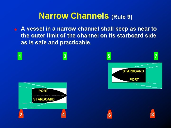 Narrow Channels (Rule 9) ! A vessel in a narrow channel shall keep as