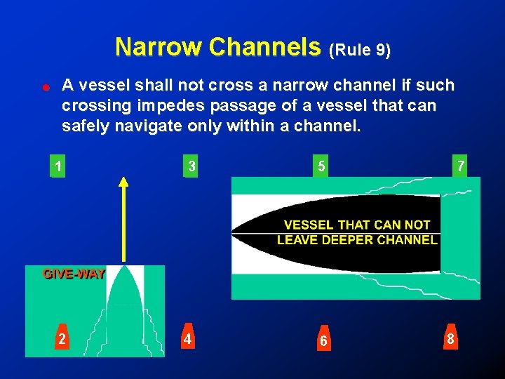 Narrow Channels (Rule 9) ! A vessel shall not cross a narrow channel if