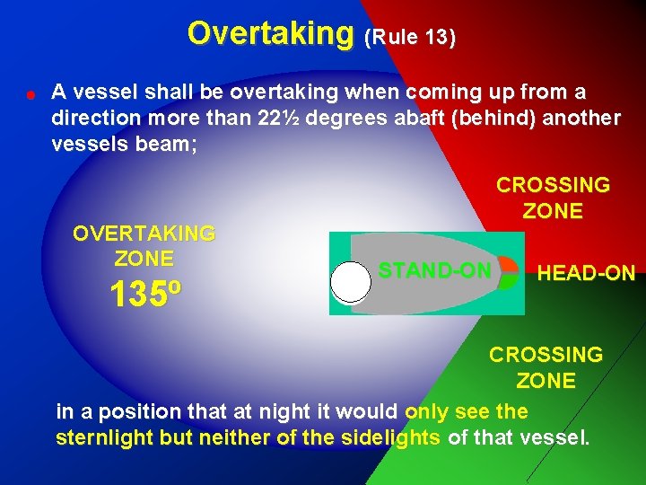 Overtaking (Rule 13) ! A vessel shall be overtaking when coming up from a