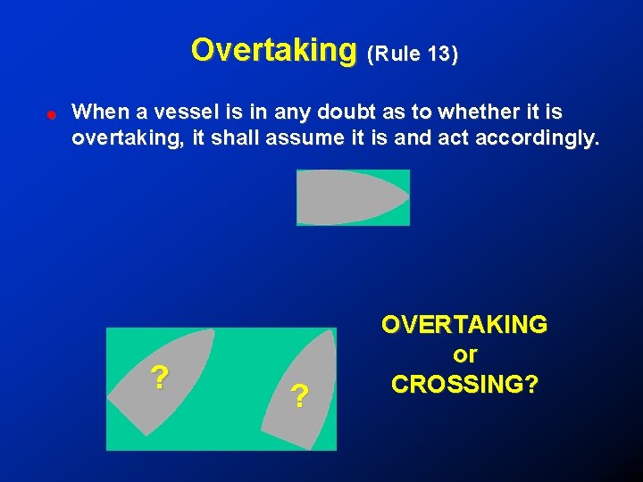 Overtaking (Rule 13) ! When a vessel is in any doubt as to whether