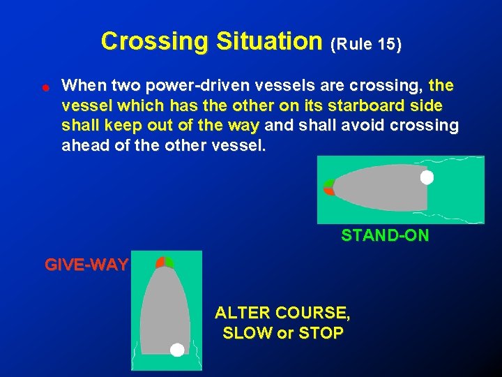 Crossing Situation (Rule 15) ! When two power-driven vessels are crossing, the vessel which