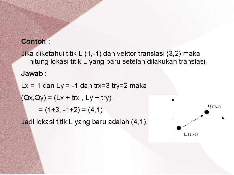 Contoh : Jika diketahui titik L (1, -1) dan vektor translasi (3, 2) maka