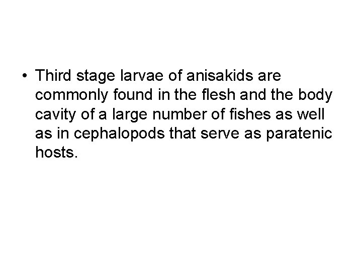  • Third stage larvae of anisakids are commonly found in the flesh and
