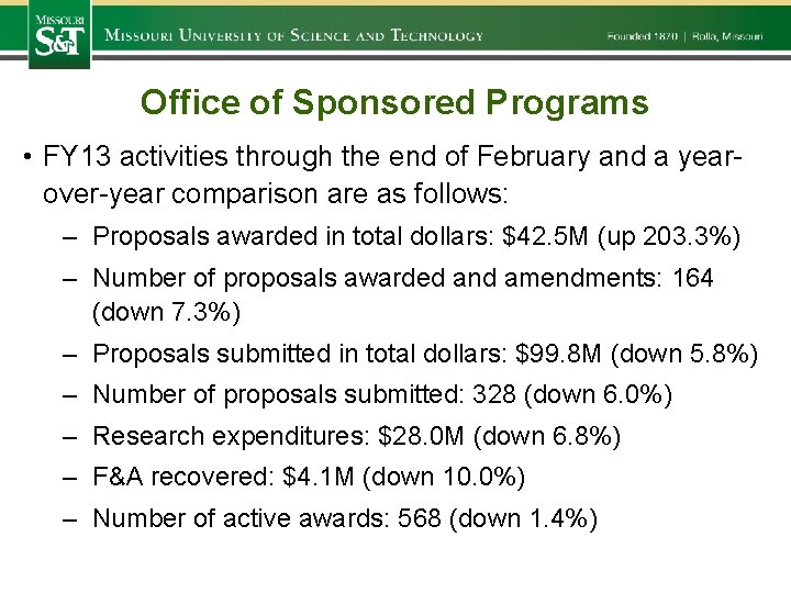 Office of Sponsored Programs • FY 13 activities through the end of February and