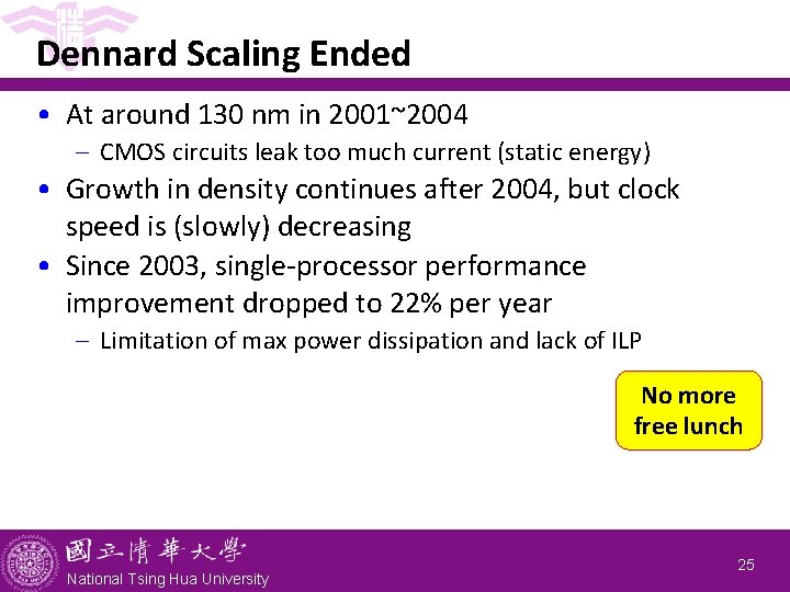 Dennard Scaling Ended • At around 130 nm in 2001~2004 - CMOS circuits leak