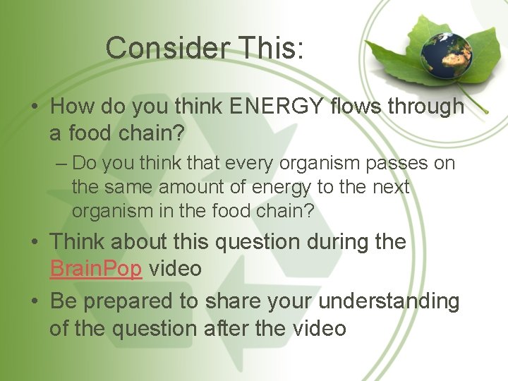 Consider This: • How do you think ENERGY flows through a food chain? –