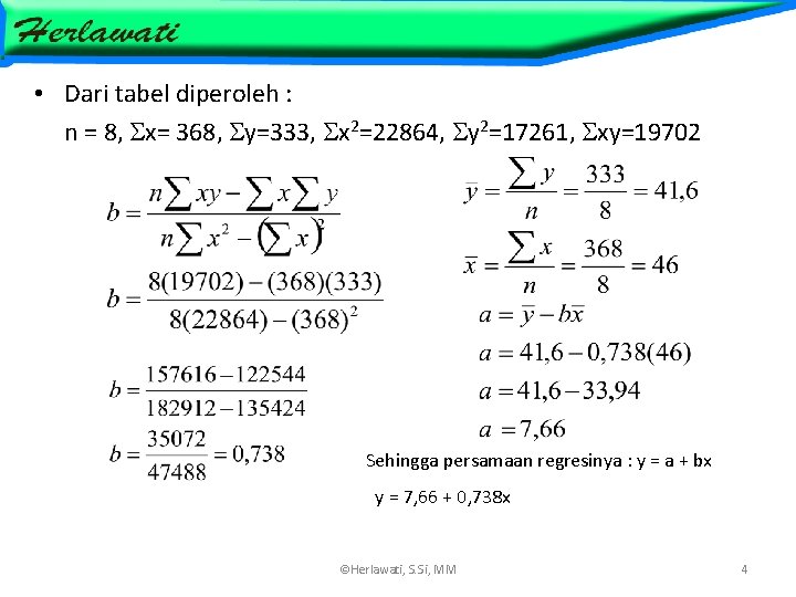  • Dari tabel diperoleh : n = 8, x= 368, y=333, x 2=22864,