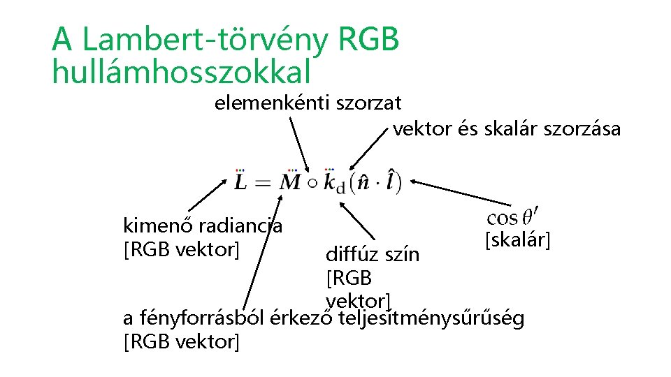 A Lambert-törvény RGB hullámhosszokkal elemenkénti szorzat vektor és skalár szorzása kimenő radiancia [RGB vektor]