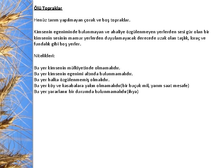 Ölü Topraklar Henüz tarım yapılmayan çorak ve boş topraklar. Kimsenin egeniminde bulunmayan ve ahaliye