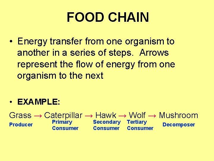 FOOD CHAIN • Energy transfer from one organism to another in a series of