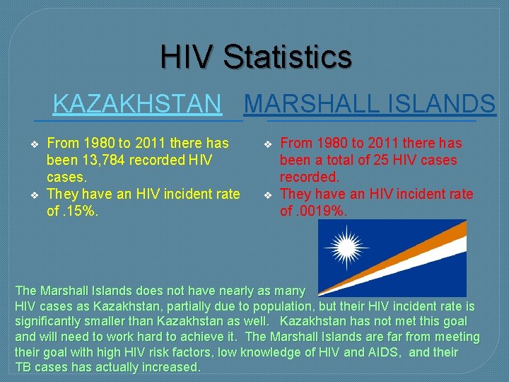 HIV Statistics KAZAKHSTAN MARSHALL ISLANDS v v From 1980 to 2011 there has been