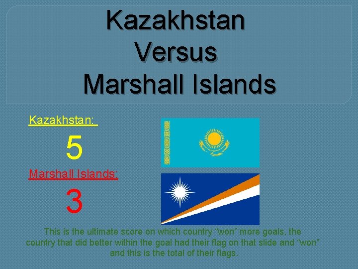 Kazakhstan Versus Marshall Islands Kazakhstan: 5 Marshall Islands: 3 This is the ultimate score