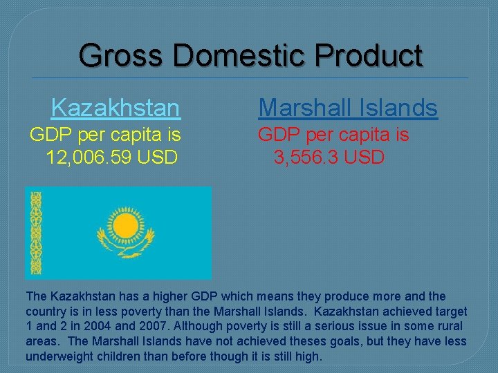 Gross Domestic Product Kazakhstan GDP per capita is 12, 006. 59 USD Marshall Islands