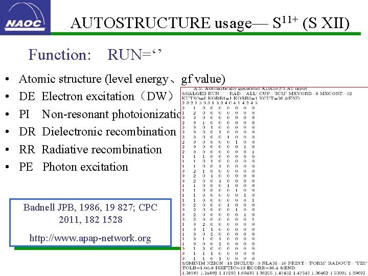 AUTOSTRUCTURE usage— S 11+ (S XII) Function: • • • RUN=‘’ Atomic structure (level